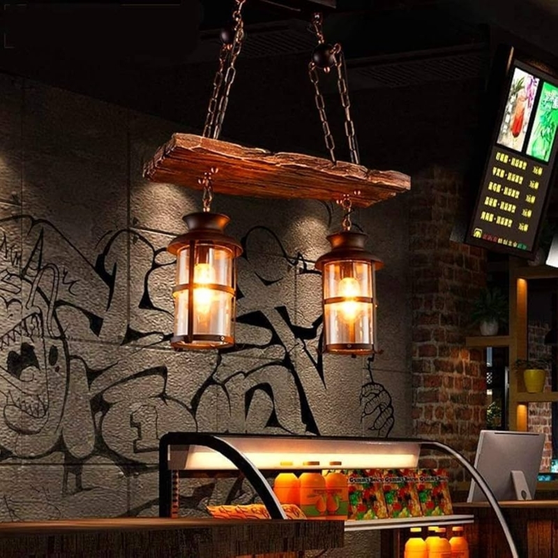 Wood Topped Cage Pendant Light Seeded Glass Cylinder Industrial Rustic Loft