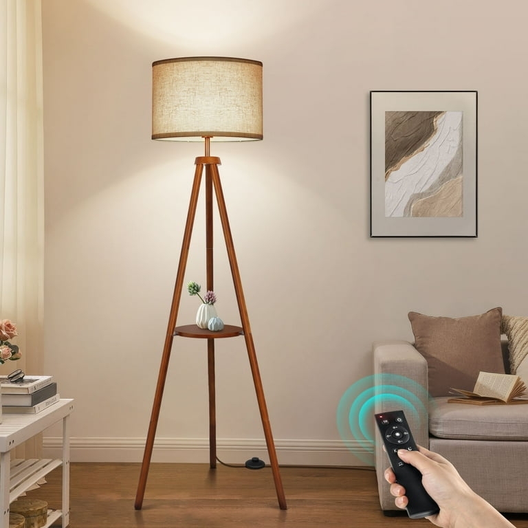 Wood Tripod Floor Lamp with Integrated Shelves Cream Shade