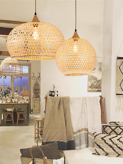 Woven Rattan Globe Pendant Light in Natural Tan Finish