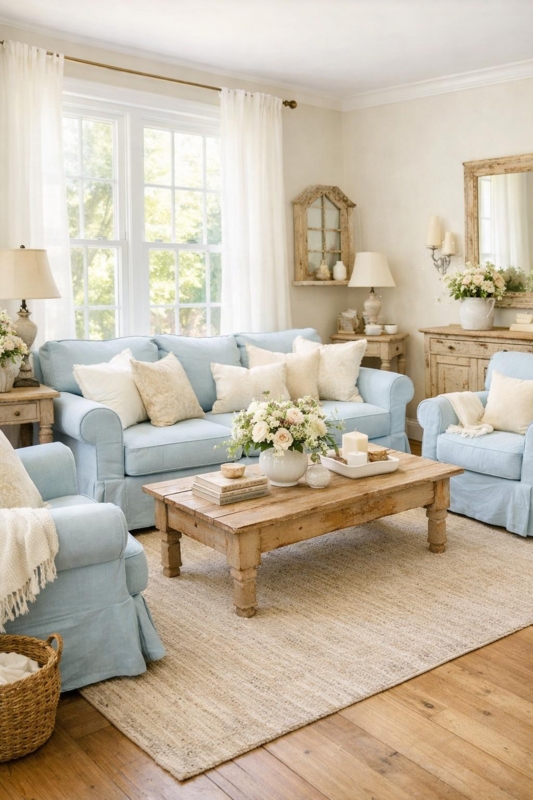 10+ Blue Shabby Chic Living Room Ideas for a Soft & Timeless Interior |  AZMIND
