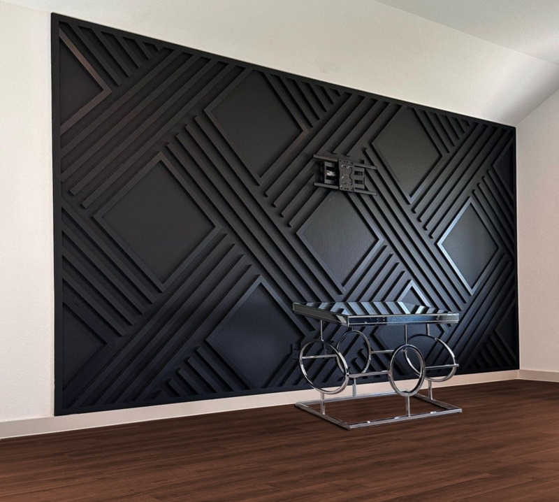 3D Geometric Wall Panels: Dramatic Diamond Pattern with Mirrored Console