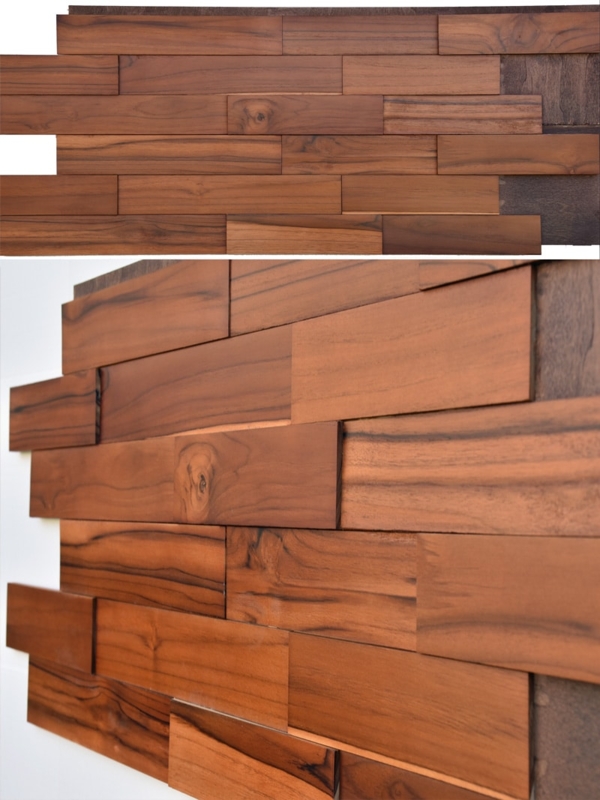 3D Wood Mosaic Paneling, Teak Finish, Depth Variations
