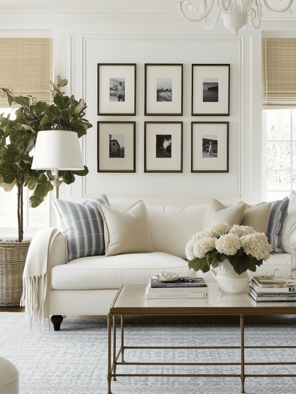 Above Couch Gallery Wall Grid With Transitional Wall Molding And Shades