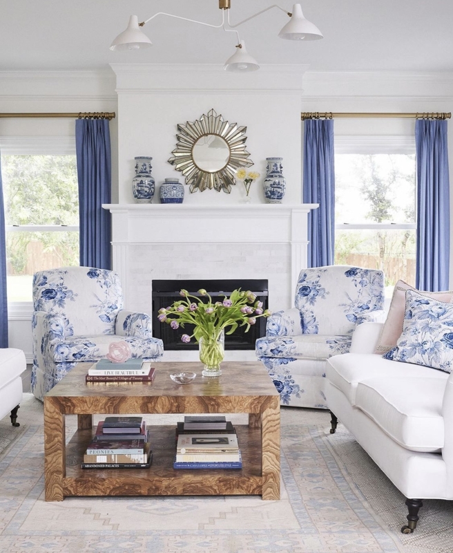 Accent Chair Blue Floral Burl Wood Coffee Table Styling