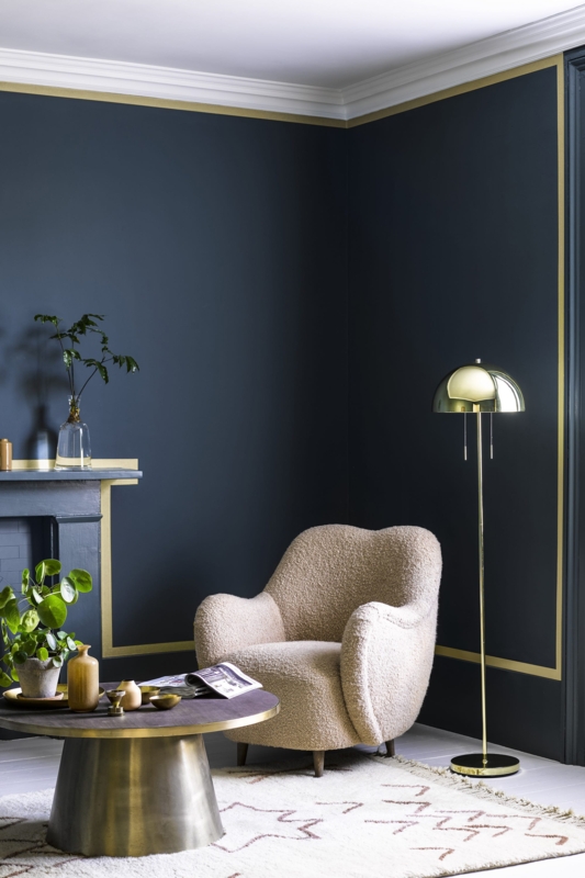 Accent Chair in Boucle Texture with Gold Wall Trim Decor