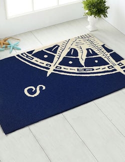 Accent Rug Hand Hooked Compass Rose Motif Navy Coastal Entryway Mat