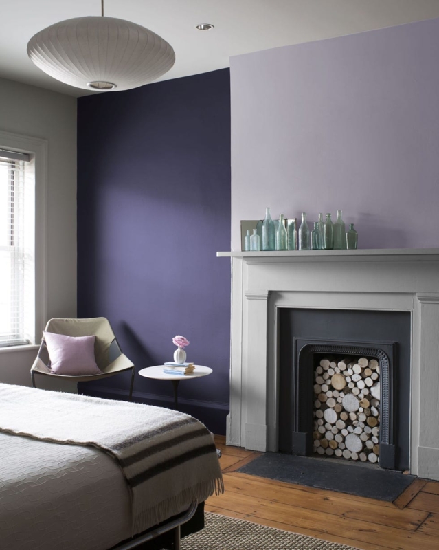 Accent Wall Two-Tone Purple Fireplace Log Stack Monochromatic Styling