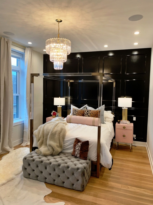 Acrylic Canopy Bed Frame: Black Paneled Wall & Blush Pink Accents