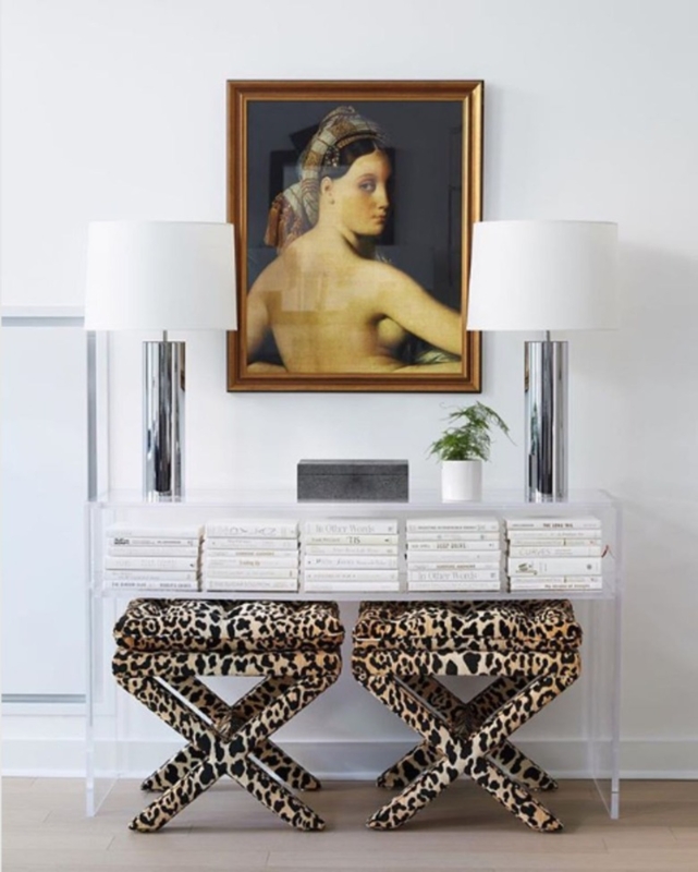 Acrylic Console Table with Leopard Print Stools and Neoclassical Art