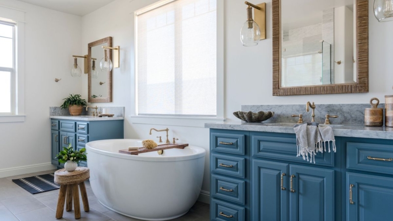 Airy Blue Double Vanity with Brushed Brass Hardware and Marble Top
