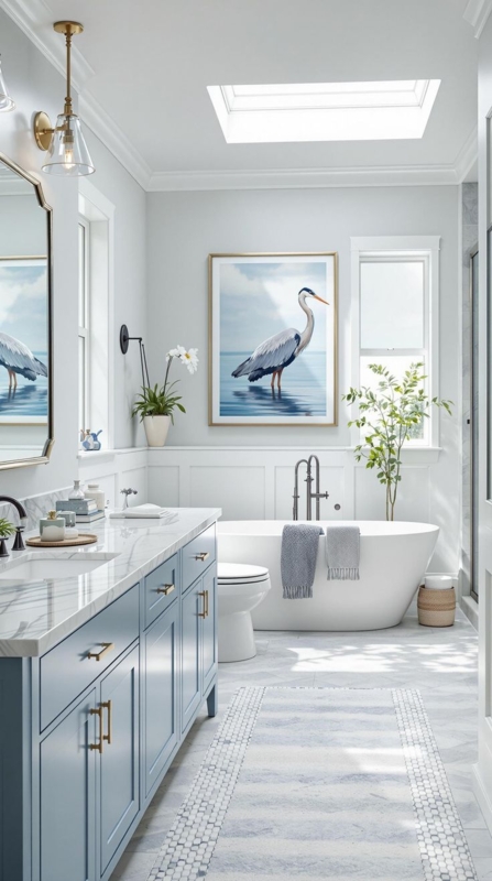 Airy Light Blue Double Vanity with Gold Hardware and Heron Wall Art