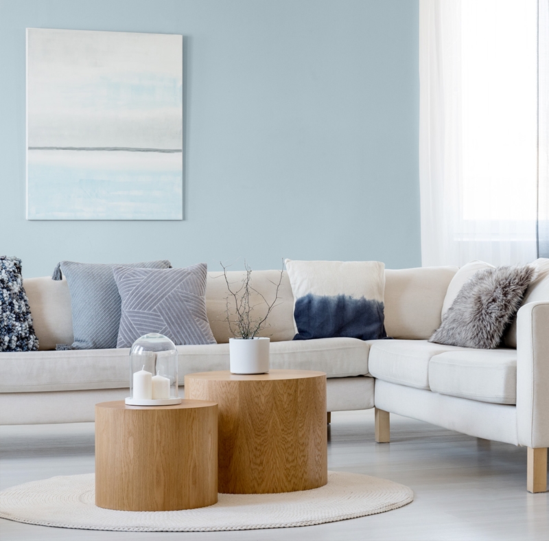 Airy Living Room with Soft Blue Walls and Twin Cylindrical Coffee Tables