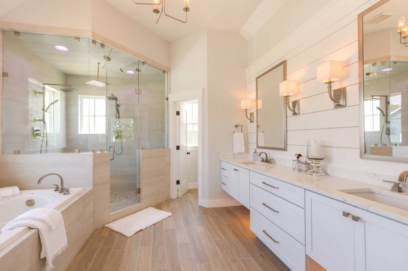 Airy Master Bath Double Vanity with Shiplap Wall Paneling