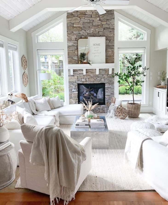 Airy Modern Farmhouse Layout with Floor-to-Ceiling Stone Fireplace