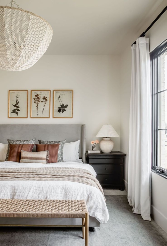 Airy Neutral Guest Bedroom Ideas with Woven Pendant Light and Bench