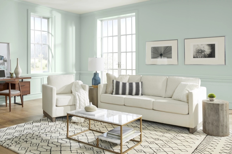 Airy Transitional Living Room with Seafoam Green Walls and Wainscoting