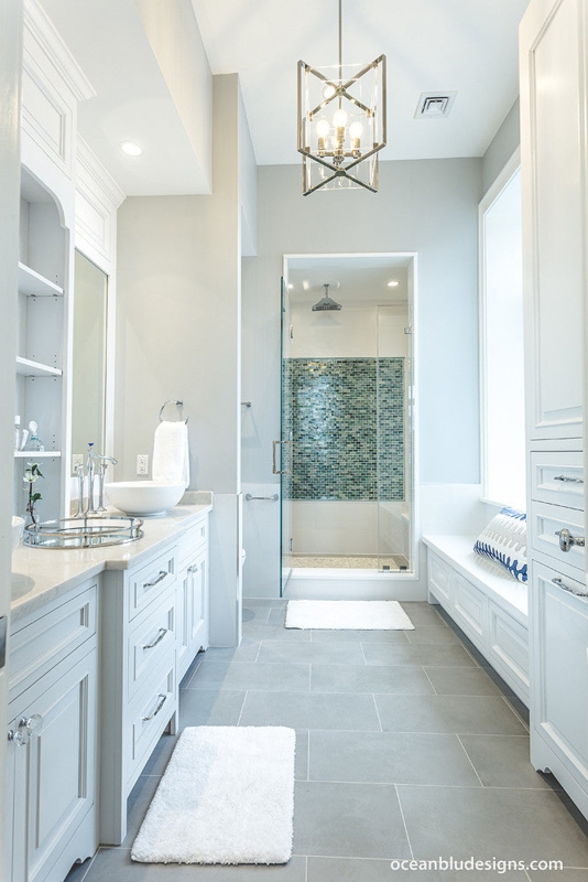 Airy White Double Vanity with Vessel Sinks and Built-In Window Bench
