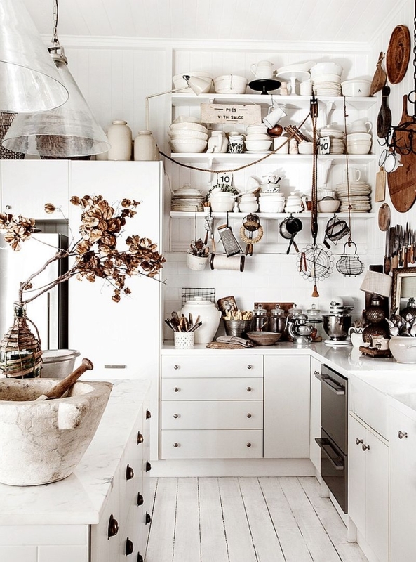 All-White Shabby Chic Kitchen with Open Shelving & Painted Wood Floors