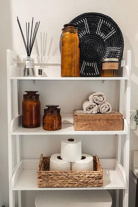 Amber Glass Jar Storage: Boho Bathroom Over-Toilet Shelves