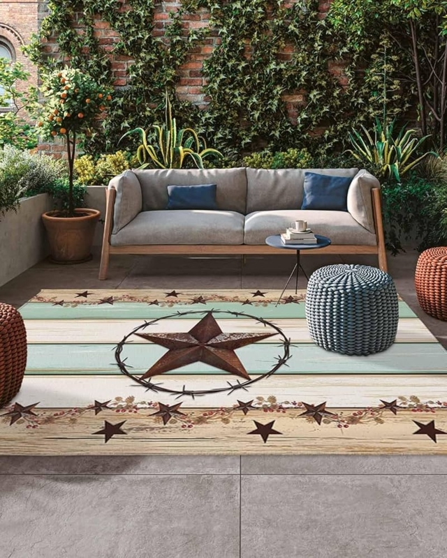 Americana Farmhouse Outdoor Rug Navy Star and Burgundy Berry Border