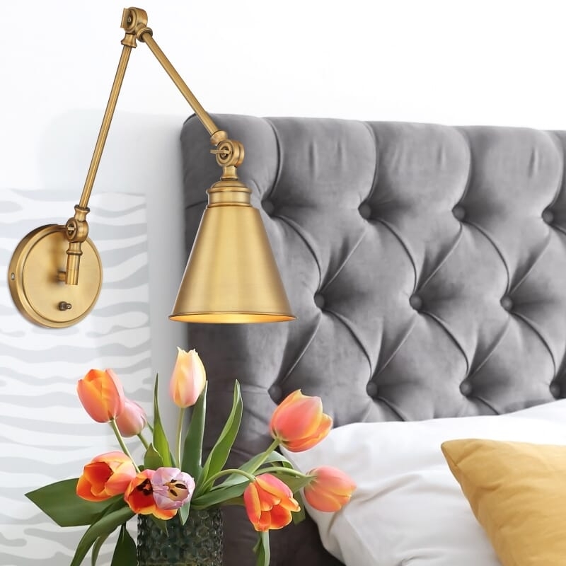 Antique Brass Swing Arm Sconce Adjustable Conical Shade Tufted Grey