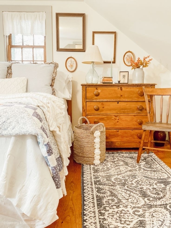 Antique Wood Dresser Styling: Layered Linen Bedding and Pom Pom Basket