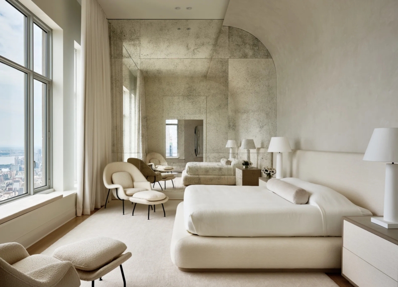 Antiqued Mirror Wall Bedroom Curved Ceiling Neutral Textured Palette