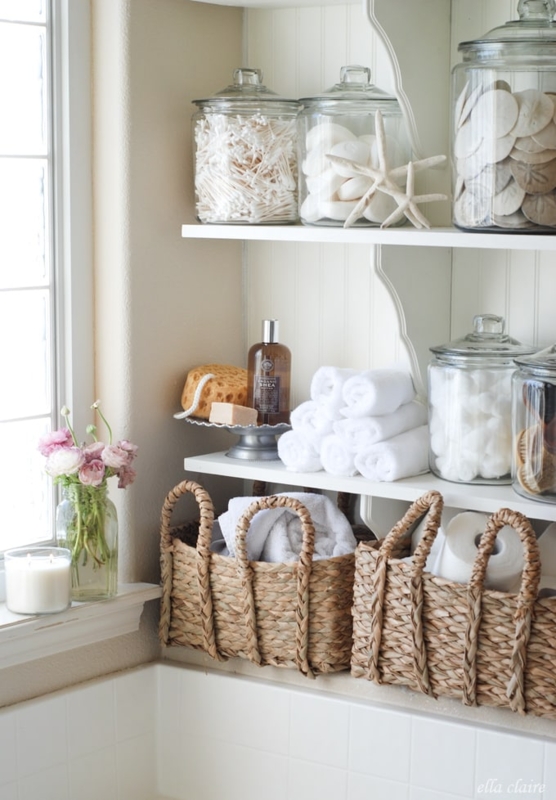 Apothecary Jar Bathroom Styling: Coastal Woven Storage Baskets