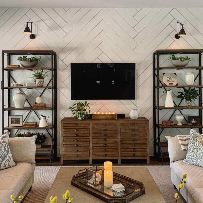 Apothecary Media Console against Herringbone Accent Wall Living Room