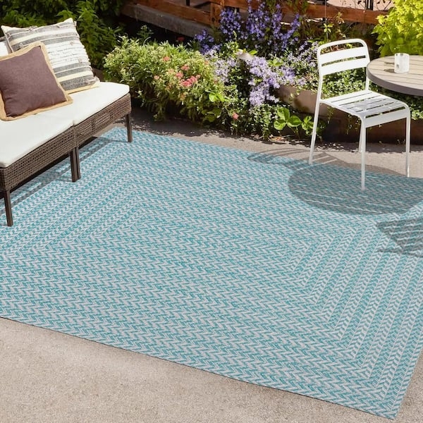 Aqua Concentric Squares Indoor Outdoor Area Rug Coastal.