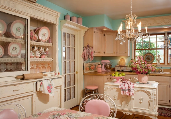 Aqua Kitchen Dining Area with Distressed Cream Cabinetry & Pink Mixer