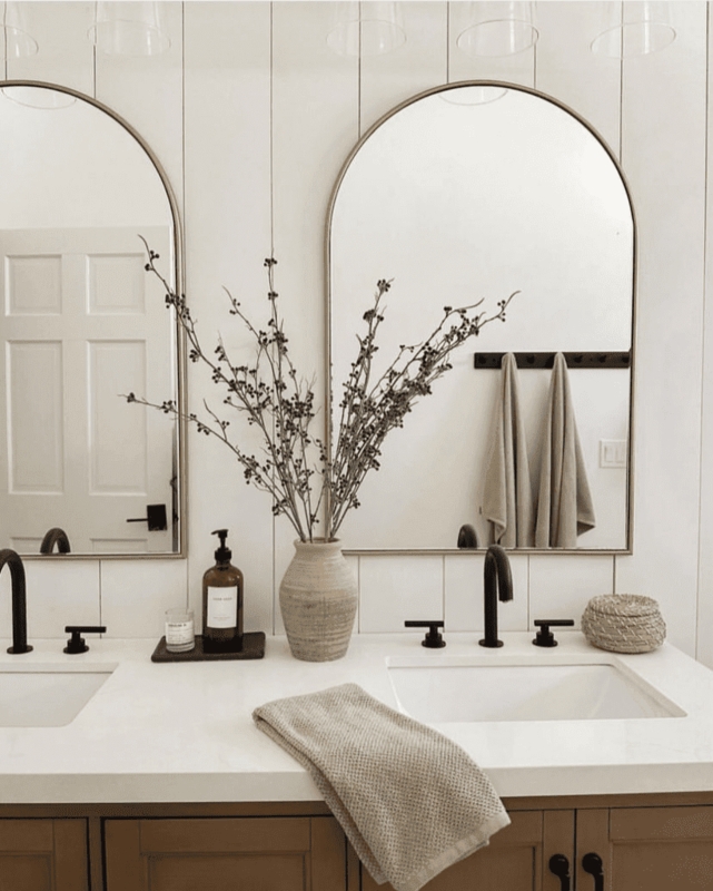 Arched Bathroom Mirrors Double Vanity, Matte Fixtures Vertical Shiplap