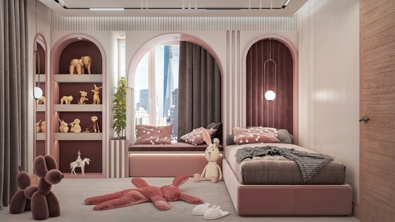 Arched Built-in Shelving Accent Wall Pink Kids Bedroom