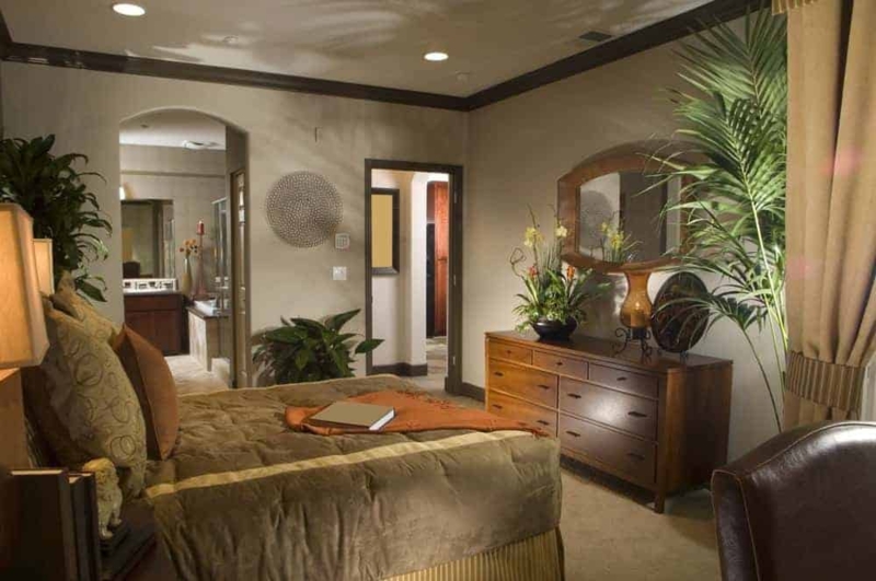 Arched Ensuite Entry and Dark Wood Furniture in a Tropical Bedroom