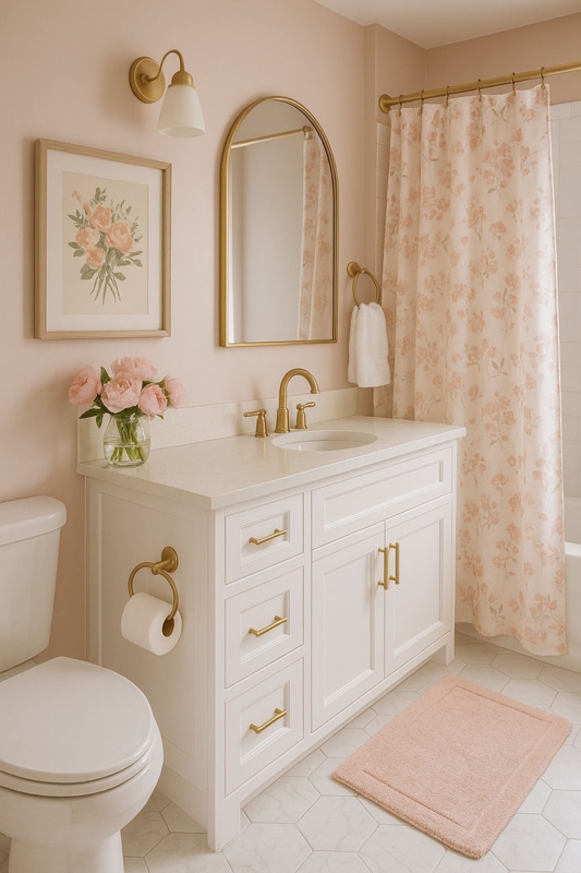 Arched Gold Mirror & White Vanity in Blush Pink Bathroom