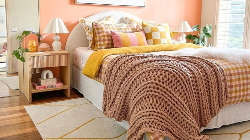 Arched Headboard Bed, Chunky Knit Throw, Gingham Bedding.