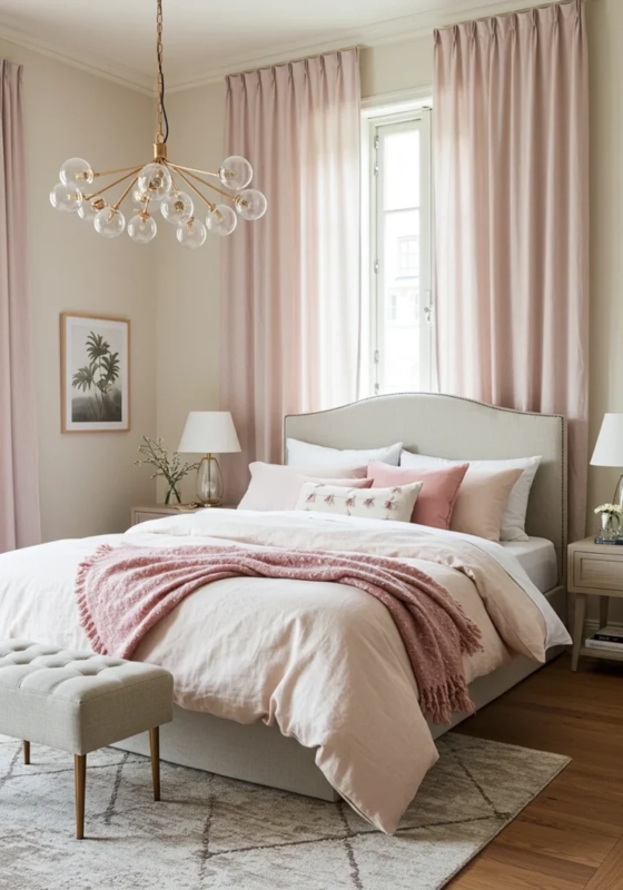 Arched Upholstered Bed, Blush Pink Drapes, Gold Globe Chandelier