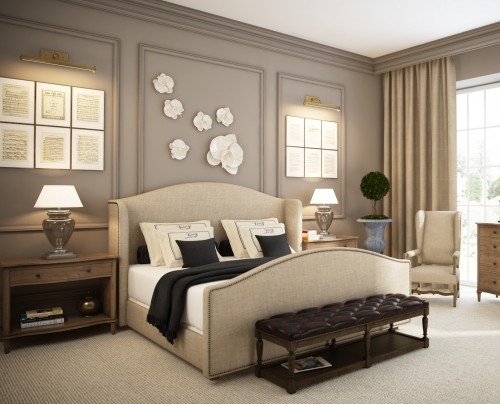 Arched Upholstered Bed in Transitional Bedroom with Wall Moulding