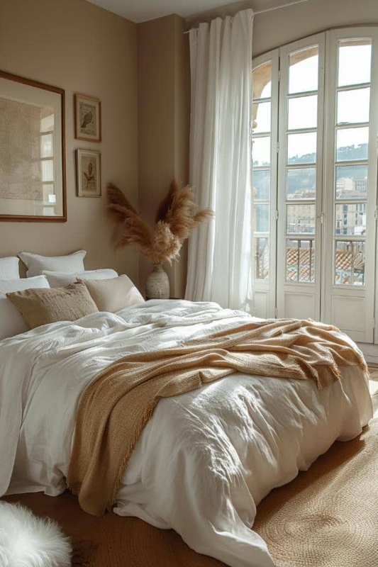 Arched Window Bedroom Styling with White Floor-to-ceiling Curtains