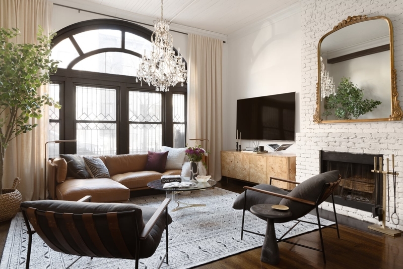 Arched Window Living Room & Crystal Chandelier Fireplace