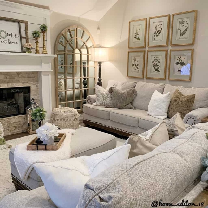 Arched Windowpane Mirror Decor in Neutral French Country Living Room