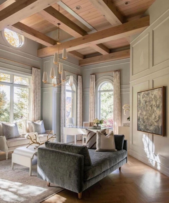 Arched Windows Exposed Wood Beam Ceiling Living Room