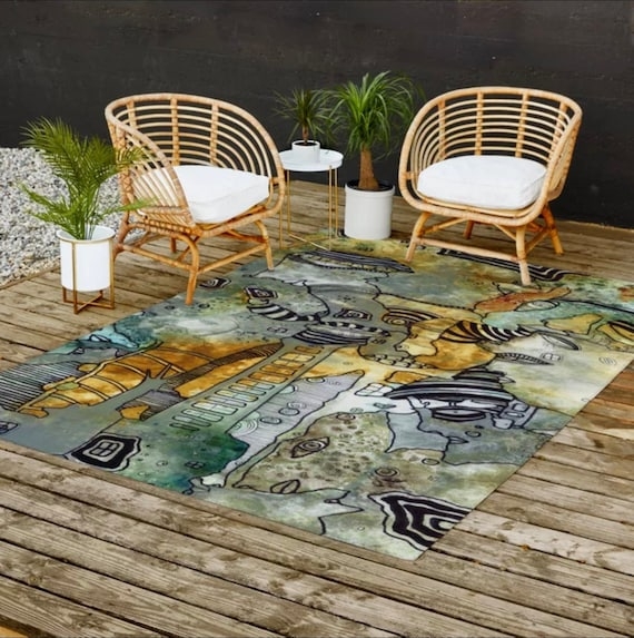 Area Rug Abstract Faces Line Art Pattern Cream Black Modern Eclectic Deck