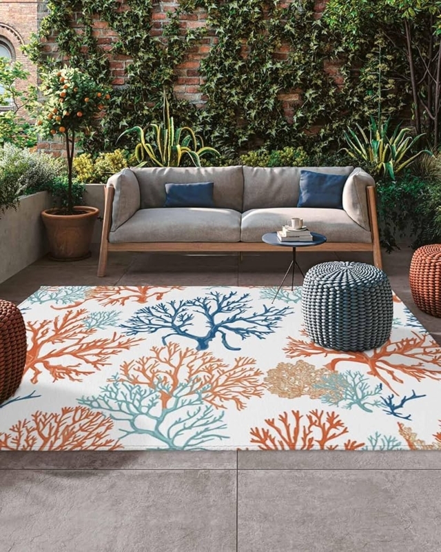 Area Rug Abstract Pattern High Contrast Palette Vibrant Coral Patio