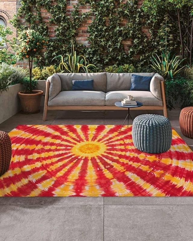 Area Rug Abstract Tie Dye Pattern Red Yellow Washable Eclectic Patio