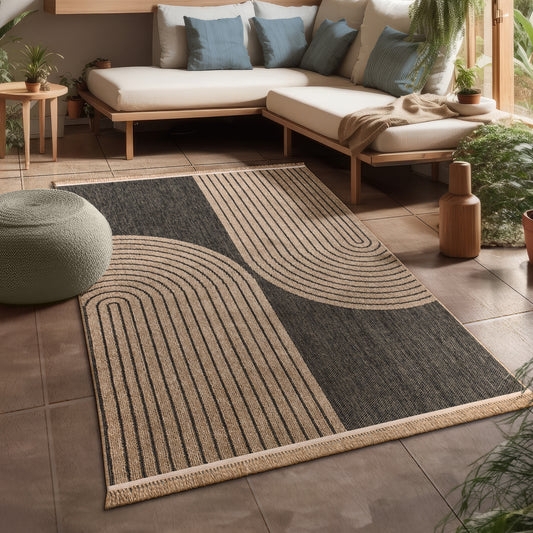 Area Rug: Anthracite Grid Weave, Minimalist Modern Balcony Seating Layout