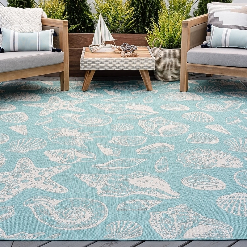 Area Rug Aqua Animal Print Flat Weave Deck Seating Area