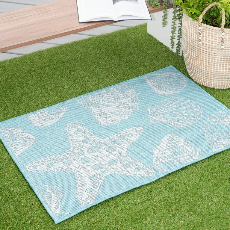 Area Rug: Aqua Coastal Entryway Rug with Botanical Scrolling Motif