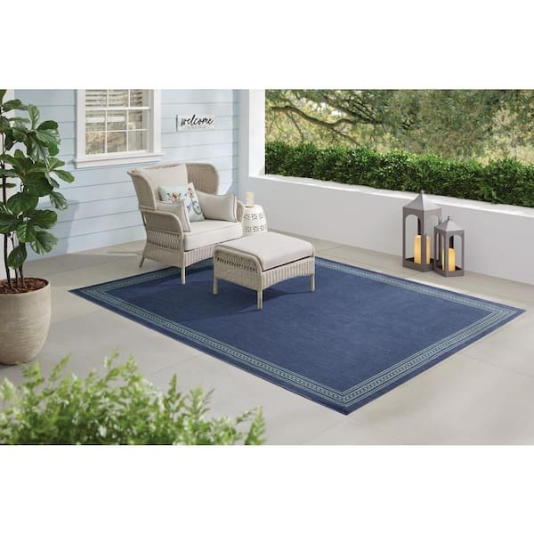Area Rug Aqua Color Contrasting Border Coastal Flatweave