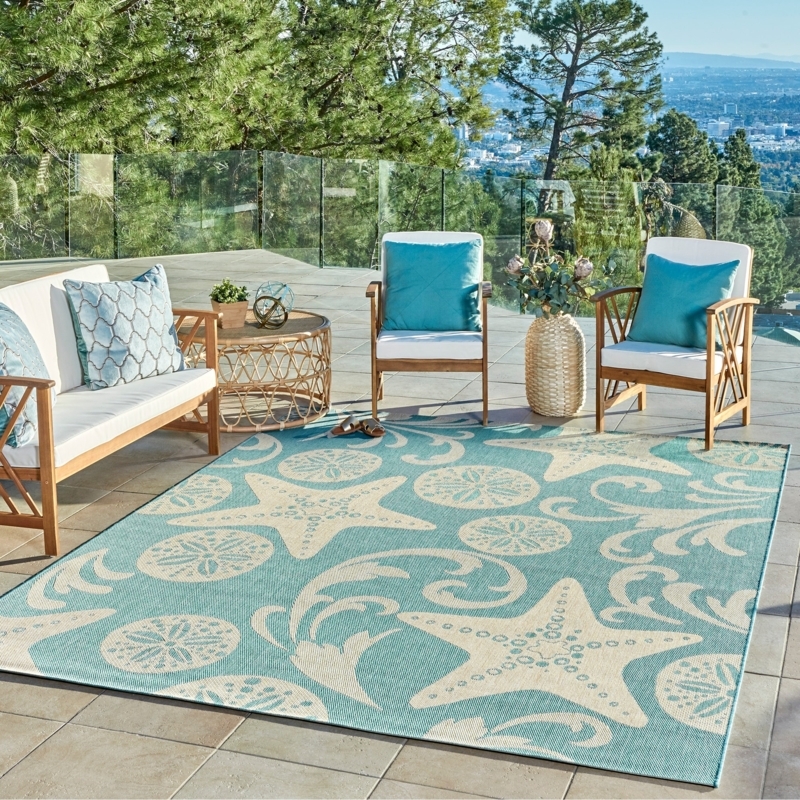 Area Rug Aqua Color Palette Anchor Motif Flatweave Coastal Patio Decor
